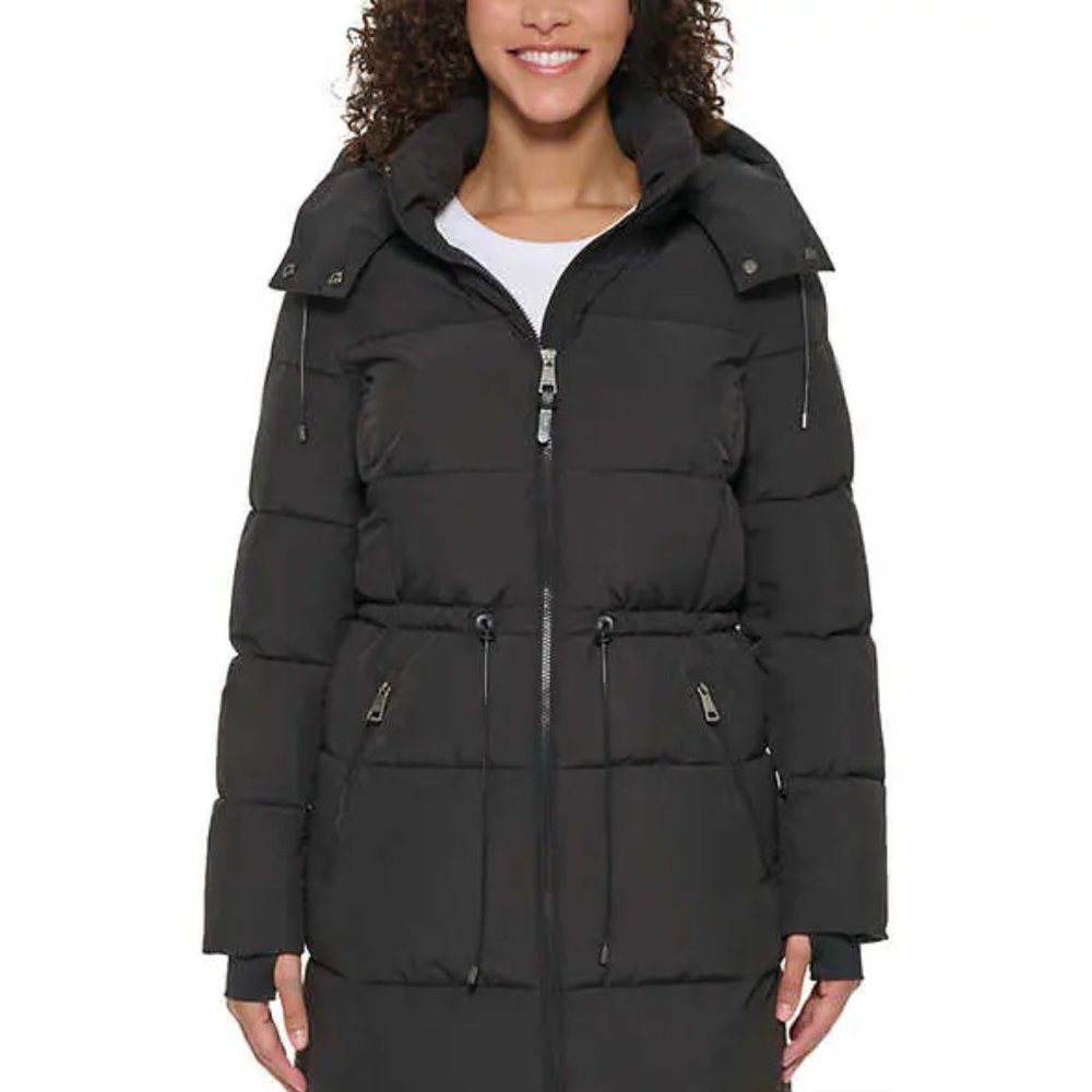 NWoT DKNY Women's Long Hooded Thumb Hole Winter Parka Black Size L $200 7D011